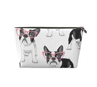 Frenchie nero Cartoon Bulldog francese Occhiali rosa Cane bianco, Borsa per il trucco Borsa per cosmetici Borsa da toilette da viaggio portatile Borsa da toilette