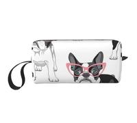 Frenchie nero Cartoon Bulldog francese Occhiali rosa Cane bianco, Borsa per il trucco Borsa per cosmetici Borsa da toilette da viaggio portatile Borsa per trucco Organizer