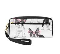 Frenchie nero Cartoon Bulldog francese Occhiali rosa Cane bianco, Borsa per il trucco Borsa per cosmetici Borsa da viaggio portatile da toilette Astuccio in pelle per donne e ragazze