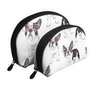 Frenchie nero Cartoon Bulldog francese Occhiali rosa Cane bianco, Borsa per trucco a conchiglia Portamonete da donna Borsa da toilette piccola Borsa per cosmetici 2 pezzi