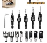 Fresa Legno Kit, 14 Pz, 8 Frese per Tappi, 5 Punta con Svasatore, Chiave Angolare a L, per Legno