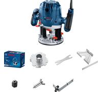 Bosch Professional: Fresatrice verticale GOF 130 (guida parallela, bullone di copia, adattatore per aspirapolvere, mandrino di centraggio, rullo guida, 2 morsetti di fissaggio)
