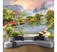 Fresco Bello Alte Montagne Acqua Che Scorre Piccolo Ponte Gazebo 3D Carta da Parati Tessuto in Seta Ufficio Sala Pranzo Divano Camera Soggiorno TV Sfondo Muro-200cm×140cm