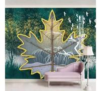 Fresco Bello Verde Astratto Bosco Uccelli In Volo 3D Carta da Parati Premium Aspetto Della Seta Studio Soggiorno Camera Letto Parete Divano Muro-150cm×105cm