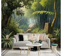 Fresco Boschetto Di Bambù Fiume Rocce Vegetazione Rigogliosa Moderna Carta Da Parati 3D Seta Pregiata Testurizzata Ideale Per La Camera Letto Del Soggiorno-200cm×140cm