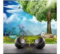 Fresco Cartoni Animati Cielo Azzurro Nuvole Bianche Alberi Grandi Biciclette 3D Carta da Parati Tessuto in Seta Ufficio Sala Pranzo Divano Camera Soggiorno TV Sfondo Muro-350cm×256cm