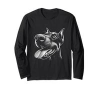 Fresco Dobermann Che Attacca la Lingua Fuori in Una Faccia giocosa di Sfida Maglia a Manica