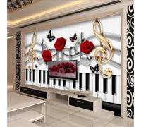 Fresco Elegante Musica Farfalle Rose Chiavi 3D Carta da Parati Tessuto in Seta Ufficio Sala Pranzo Divano Camera Soggiorno TV Sfondo Muro-300cm×210cm