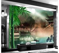 Fresco Elegante Riva Del Lago Ponticello Architettura Boschetto Di Bambù Moderna Carta Da Parati 3D Seta Pregiata Testurizzata Ideale Per La Camera Letto Del Soggiorno-400cm×280cm