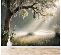 Fresco Luce Del Mattino Alberi Nebbia Paesaggio 3D Carta da Parati Premium Aspetto Della Seta Studio Soggiorno Camera Letto Parete Divano Muro-400cm×280cm