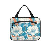 Fresco Motivo Floreale Bianco Blu Art Deco Style Hanging Bag per le Donne Viaggio con Gancio, Designer Portatile articoli da toeletta Borsa per le Signore Backpacking estuche de maquillaje para Mujer