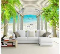 Fresco Palme Da Cocco Corridoio Delfini Vista Sul Mare 3D Carta da Parati Premium Aspetto Della Seta Studio Soggiorno Camera Letto Parete Divano Muro-250cm×170cm