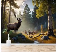 Fresco Verde Foresta Alce Luce Del Mattino Moderna Carta Da Parati 3D Seta Pregiata Testurizzata Ideale Per La Camera Letto Del Soggiorno-430cm×300cm