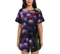 Fresh Grapes - Pigiama da donna a maniche corte, con pattina frontale morbida, 3 bottoni, con stampa, taglie S-4XL, Nero, M