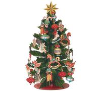 Freshcut Paper Pop Up Christmas Tree, 15 inch Holiday Tree Decoration & Centerpiece with Rustic Removable Ornaments, 3D Popup Tree with Blank Christm
