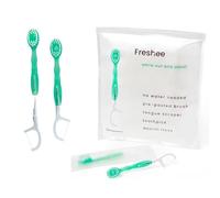 Freshee Mini spazzolino da denti usa e getta 5 in 1 con dentifricio + filo interdentale + plettro + raschietto per lingua | formato da viaggio | confezionato singolarmente | morbido | menta, set da