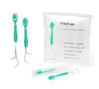 Freshee Mini spazzolino da denti usa e getta 5 in 1 con dentifricio + filo interdentale + plettro + raschietto per lingua | formato da viaggio | confezionato singolarmente | morbido | menta, set da