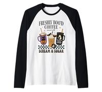 Freshly Boo'd Coffee - Tazza Divertente per Halloween, Motivo: Gatto e Pipistrello Maglia con Maniche Raglan