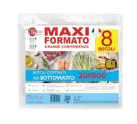 FRESHMAX, rotolo sacchi sottovuoto alimenti, sacchetti per sottovuoto, sacchetti freezer, tagliabile su misura, universale per macchina sottovuoto alimenti 20x600 cm (8 Rotoli)