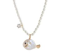 Freshwater Baroque Pearl Goldfish Necklace - Cute Irregular Fish Pendant with Cubic Zirconia, Summer Beach Ocean Jewelry, Anniversary/Birthday Gift for Her (Short fishtail)