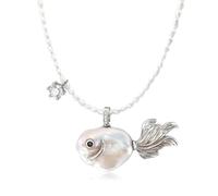 Freshwater Baroque Pearl Goldfish Necklace - Cute Irregular Fish Pendant with Cubic Zirconia, Summer Beach Ocean Jewelry, Anniversary/Birthday Gift for Her (Long fishtail)