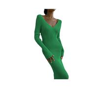 FRESQA Abito Longuette Longuette Avvolgente in Maglia a Coste Autunno Inverno per Donna Abito Aderente Senza Schienale con Scollo a V a Maniche Lunghe Stile Semplice Casual