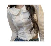 FRESQA Camicia Donna Primavera Autunno Stile Preppy Giapponese Lolita Camicetta Tuniche Ritagliate Bottoni Bianchi Top a Maniche Lunghe in Pizzo