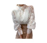 FRESQA Camicia Patchwork in Pizzo con Maniche a Petalo, Colletto alla Coreana, Scava Fuori, Camicetta in Pizzo da Donna, Top Bianco con Bottoni