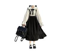 FRESQA Uniforme Scolastica per Studenti Universitari Giapponesi a Vita Alta di Media Lunghezza con Volant e Spalline Gonna Nera Camicetta Bianca Abito Dolce Lolita