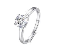 Freundschaftsringe Freundinnen, Freundschaftsringe Silber Polierter, Eleganter Solitärring mit 4 Krappen und Rundem Moissanit 1 Ct 9K Weißgold Größe 49 (15.6)