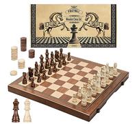 FREYBLI Set di scacchi magnetico in legno, Scacchiera 2 in 1 da 15 pollici, Gioco di scacchi pieghevole artigianale portatile per viaggi, con 2 regine extra