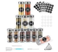 FRIBERG Barattoli per Spezie,120ml,Barattoli Rotondi in Vetro per Spezie, Set Di 12,Con Coperchio in Acciaio Inox, Forniti Con Etichetta, Imbuto, Pennello per La Pulizia, Penna, Ecc
