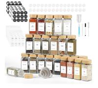 FRIBERG Barattoli Spezie, 24PCS Portaspezie Vetro Quadrati Con Coperchio in Legno, 120ml Barattoli Cucina, Vetro Da Cucina Con Pennello, Etichetta, Penna, Imbuto, Setaccio