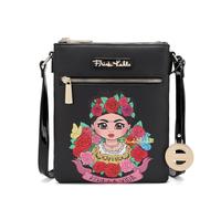 Frida Kahlo Borsa a tracolla Viva La Vida, design artistico floreale nero, multi-scomparto con hardware dorato