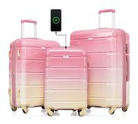 FridayParts Elefesign - Set di 3 valigie da 50,8 cm con porta USB, bagaglio a mano certificato dalle compagnie aeree con portabicchieri, bagaglio rigido in ABS+PC, con ruote girevoli, colore rosa