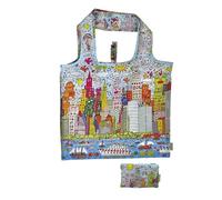 Fridolin Borsa: James Rizzi, My New York City - "I was a bottiglia" riciclata, borsa in sacchetto, b/h: circa 45,5 × 68,5 cm (aperta); b/h: circa 15,5 × 9,5 cm (chiusa in una piccola borsa),
