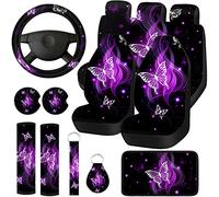 Frienda Set completo di 15 coprisedili per auto, con farfalle anteriori e posteriori, coprivolante, cinturino da polso, sottobicchieri, braccioli e spalline (motivo farfalla viola glitterata)