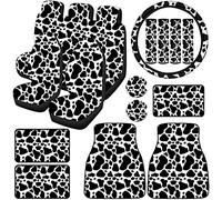 Frienda Set di Accessori per Auto con Stampa di Mucca, per Donne e Uomini, coprivolante per Auto con Stampa di Mucca, Cuscinetti per Cinture di Sicurezza, tappetini per Auto, portabicchieri per Auto,