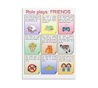 Friends Role Play Scenarios Poster Real Life Conversation Practice for English Learning Canvas Wall-Art(Framed,08x12inch(20x30cm))