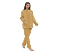 Friendumo Set Pigiama da Donna in Pile Corallo, Morbido Pigiama da Donna a Due Pezzi a Maniche Lunghe e Pantaloni Caldi Pigiama con Tasche(Giallo-XL)