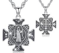 Friggem Collana con Medaglia San Benedetto in Argento 925 Croce Collana da Uomo Ciondolo Pendente Protezione Gioielli Amuleto Religioso per Donna Uomo