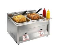 Friggitrice a gas doppia vasca 2 x 6 L in acciaio inossidabile 430 | Argento, Alimentazione GPL, Costruzione rivettata, Posa sul tavolo, Due Bruciatori, Montaggio Richiesto, Ristoranti e Snack