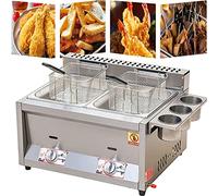 Friggitrice a gas professionale da 10 l/20 l, friggitrice francese in acciaio inox con cestello e vaschetta per le spezie, per patatine, ciambelle e pesce, facile da pulire, vasca singola (doppi