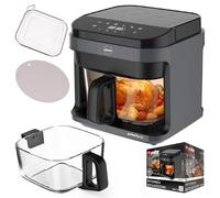 Friggitrice ad aria calda da 5,5 l, con contenitore in vetro, senza olio, 1200 W, 8 programmi, scongelamento, display touch LED, 40-200 °C, con griglia e tappetino in silicone, frittura a basso