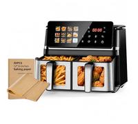 Friggitrice ad Aria Dual Zone 9L, 2000W con Doppio Cestello e Finestra di Controllo, Touchscreen Digitale con 12 Programmi, Cottura Senza Olio con 50 Fogli Carta Forno(9L-DUAL)