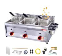 Friggitrice commerciale a gas GPL, doppio serbatoio, con cestello da 10 l x 2/3 e coperchio, in acciaio inox, grande capacità, propano GPL, con tubo in metallo, per patatine fritte, casa, cucina,