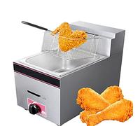 Friggitrice commerciale a gas, in acciaio inox, con controllo della temperatura regolabile, include cestino e coperchio per uso in ristoranti e servizi alimentari