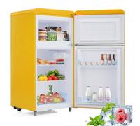 Frigorifero retrò a doppia porta con congelatore in giallo, volume totale 72 l (congelatore da 21 l i efficienza energetica E e funzionamento extra silenzioso da 39 dB, inodore, ideale per