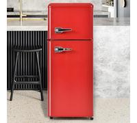 Frigorifero retrò con scomparto congelatore con volume totale di 92 l, volume congelatore di 28 l, 3 ripiani in vetro, cassetto per verdure, scomparto per uova, 181 kWh/anno, luce a LED,Red