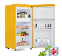 Frigorifero retrò, frigorifero a doppia porta superiore e inferiore, volume totale 72 litri, con volume congelatore 21 litri, 120 kWh/anno, luce LED, classe energetica E,Yellow